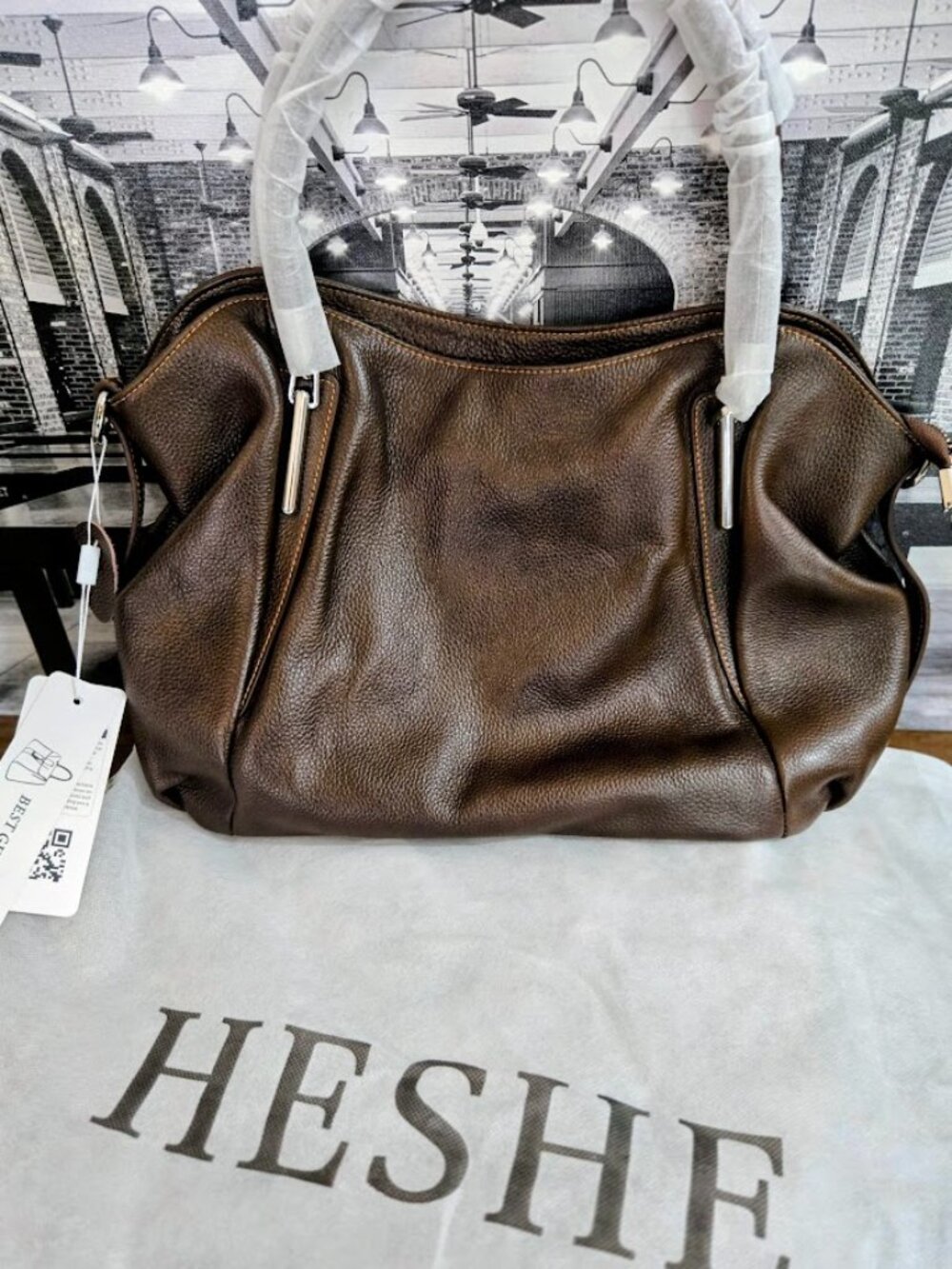 NWT HESHE Genuine Leather Brown Slouchy Satchel Shoulder Bag